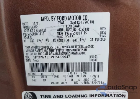 2012 Ford F150 King Ranch z USA, uszkodzony, nr VIN 1FTFW1ET2CKD09947